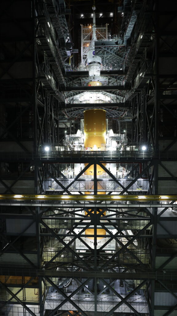 Orion capsule stacked on top of Artemis 1 as moon mission approaches